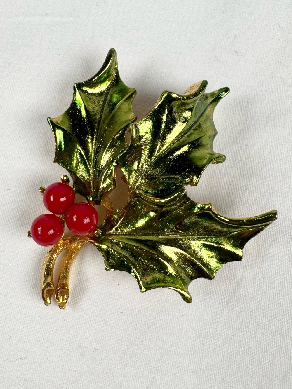 Vintage MYLU Christmas Holly Berry Enamel Brooch Pin 1960s Holiday Jewelry